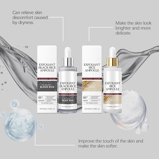 Black Rice Exfoliant Ampoule, Rice Ampoule Duo Exfoliating Solution,Soft Exfoliating Face and Body Scrub Dead Skin Cells Remover for All Skin Types. (Black)