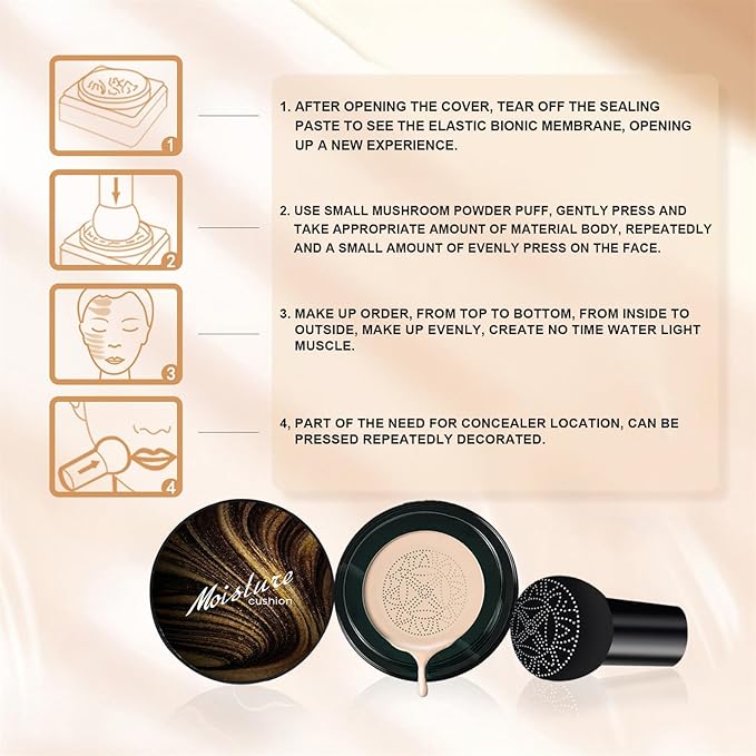 Mushroom Head Air Cushion CC Cream - New Upgraded BB Cream Face Makeup Foundation for Mature Skin Moisturizing Concealer Brighten Long-Lasting, Gold Packaging (Natural, 3.21 Ounce (Pack of 1))