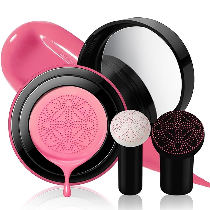 Cushion Blush for Cheeks with Air Mushroom Applicator Head Brush, Liquid Blusher Set Dewy Matte Finish, Moisturizing Cream Blush Tint Kit for Face Makeup Soft Pink