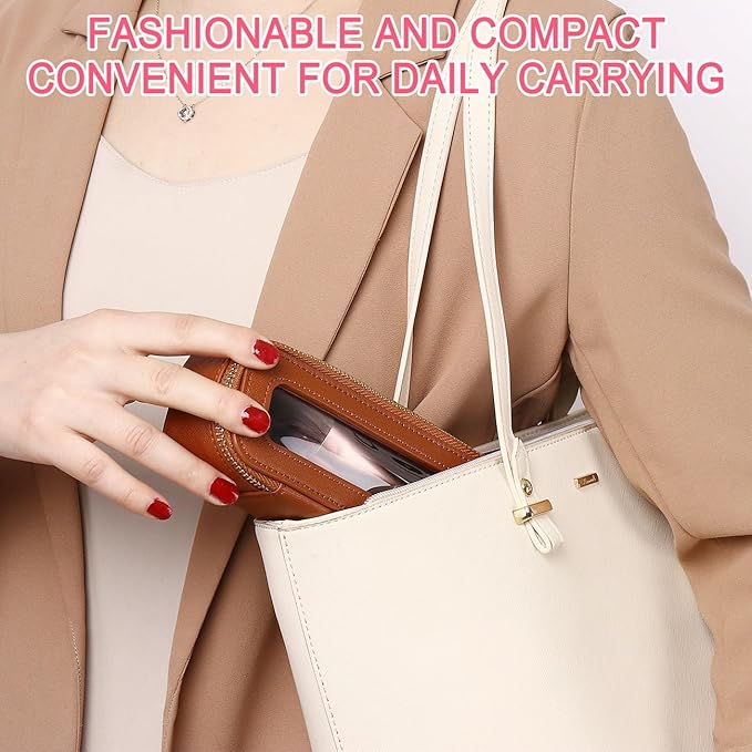 Makeup Brush Case Clear Travel Cosmetic & Toiletry Bag Slim Makeup Bag with Zipper Small Purse Organizer Car Essential Bag for Women (X/Brown, SLIM-3)