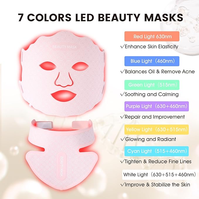 Red Light Therapy for Face and Neck, Led Face Mask Light Therapy, 7 Colors Light Therapy for Face & Neck, Red Light Therapy Mask for Skin Improve, Firm and Sooth, Professional Skin Care at Home