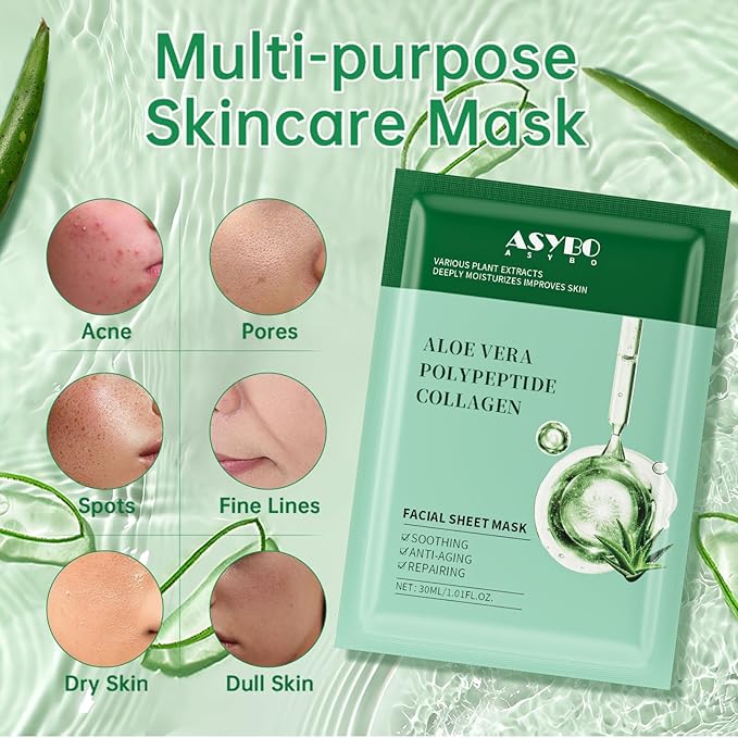 Pack of 20 Collagen Face Mask, Aloe Vera Polypeptide Collagen Facial Masks Skincare, Moisturizing Facial Sheet Mask for Acne, After Sun, Claming, Anti-Aging and Anti-Wrinkle