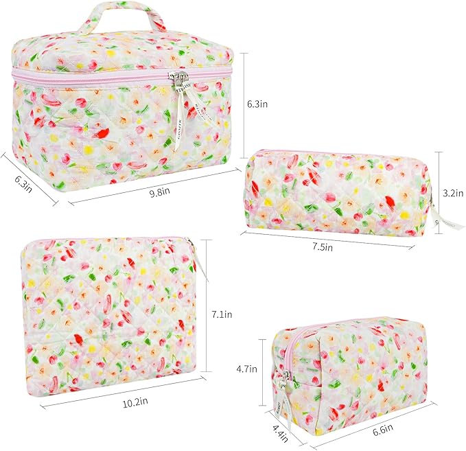 4Pcs Quilted Makeup Bag Set Cute Floral Cosmetic Bag Cotton Coquette Make up Bag Aesthetic Travel Toiletry Bag for Women Girls