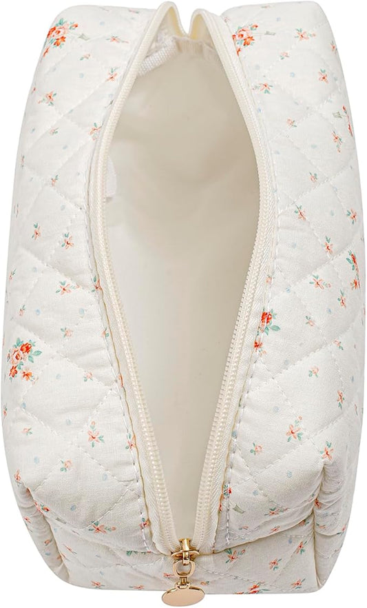 Makeup Bag Travel Cosmetic Bag for Women Girls, Zipper Make Up Pouch, Floral Flowers Toiletry Organizer Makeup, Portable Storage Bag, Cosmetic Travel Cloth Bag (White Small Flower)