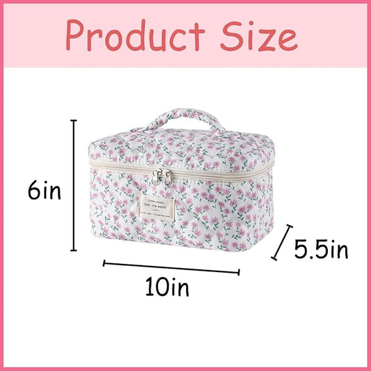 uekeboag Large Travel Quilted Makeup Bag for Women, Floral Cotton Cosmetic Bag, Coquette Aesthetic Floral Toiletry Organizer Bag
