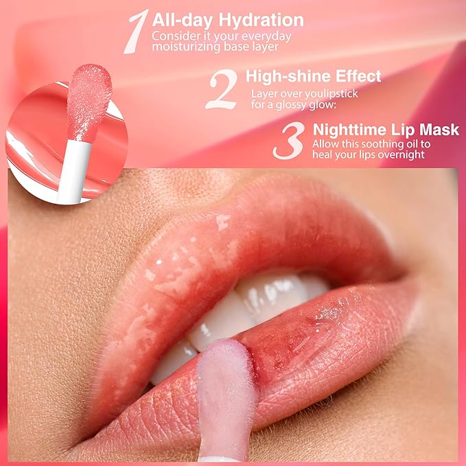 Big Brush Head Lip Glow Oil Plumping Tint, Tinted Lip Balm Transparent Lip Care, Moisturizing Non-sticky Fresh Shiny Texture Lip Oil - Strawberry (Pink)