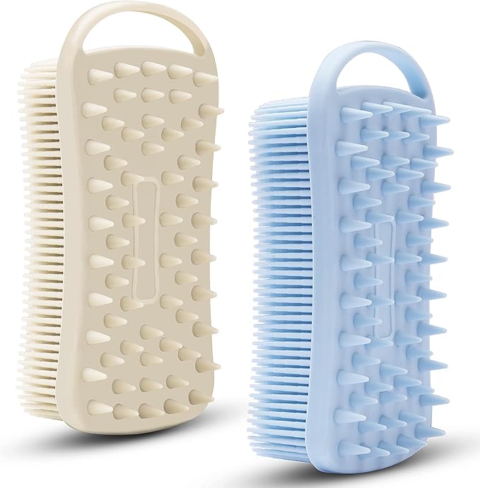 2 PC Silicone Exfoliating Body Scrubber, 2 in 1 Silicone Body Shampoo Brush, Soft Silicone Loofah for Sensitive Skin, Shower Silicone Hair Scalp Massager, Easy to Clean, Lather Well (Grey&Blue)