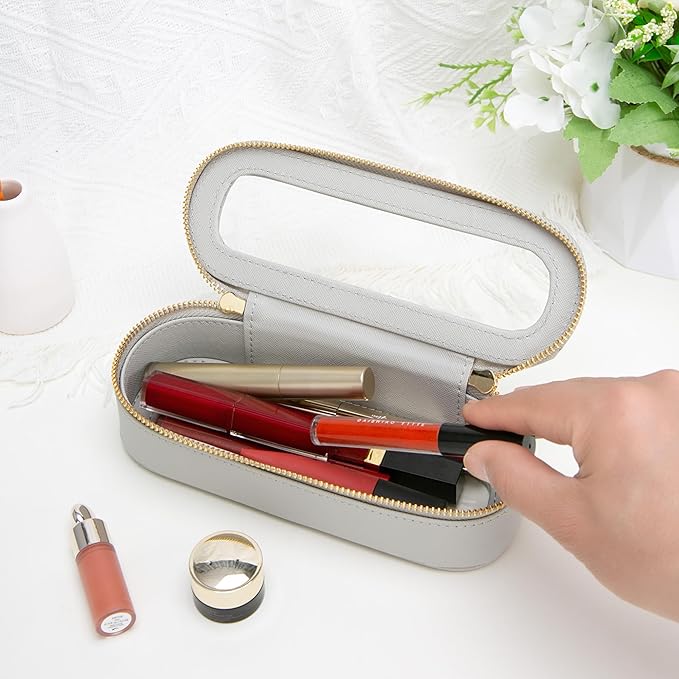 Aveniee Slim Clear Makeup Brush Bag, Small Cosmetic Brush Holder, Mini Travel Toiletry Case for Women, Thin Make up Organizer with Dual Zipper for Travel Essentials - Grey