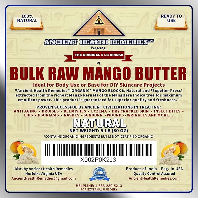 ANCIENT HEALTH REMEDIES Organic Unrefined Raw MANGO BUTTER JAR/BLOCKS Bulk, Light Mango Aroma, Non-Greasy Base for Beauty, Skin Moisturizing, DIY Base for Body Butter & Hand Creams (5 LB)