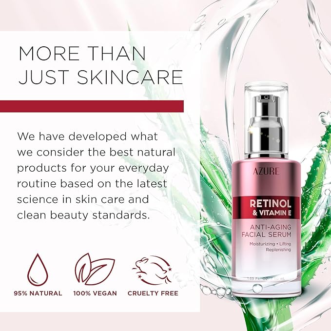 Azure Cosmetics Retinol Serum For Face - Dermatologist Tested, Anti Aging for Dark Spots & Skin Smoothing - Vitamin E for Replenishing & Skin Renewal - Vegan, Clean Beauty, Korean Skin Care - 2 Pack