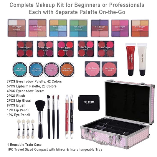 Hot Sugar Makeup Kit for Girls and Women - Full Starter Cosmetics Set with Eye Shadow Palette, Blush, Lip Gloss, Lip & Eye Pencil and Mirror