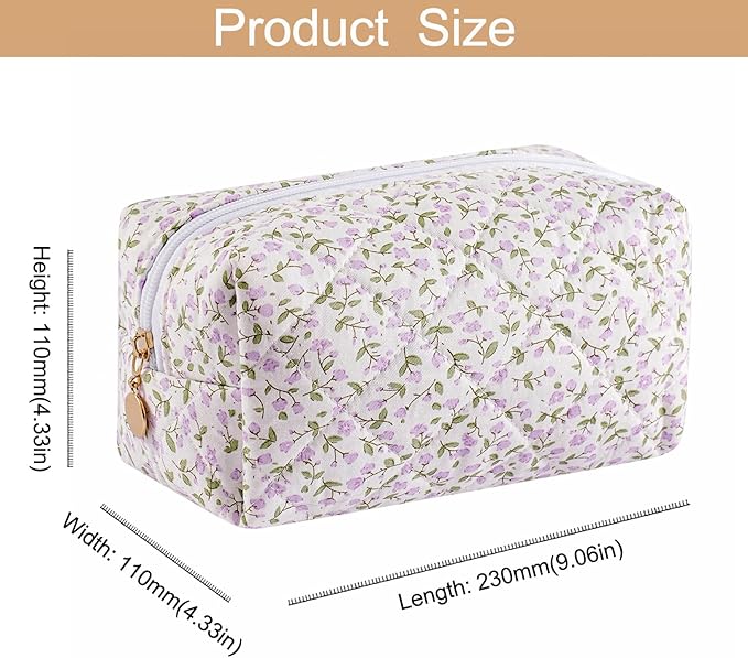 Makeup Bag Travel Cosmetic Bag for Women Girls, Zipper Make Up Pouch, Floral Flowers Toiletry Organizer Makeup, Portable Storage Cosmetic Travel Cloth Bag (Pink+Purple Floral)