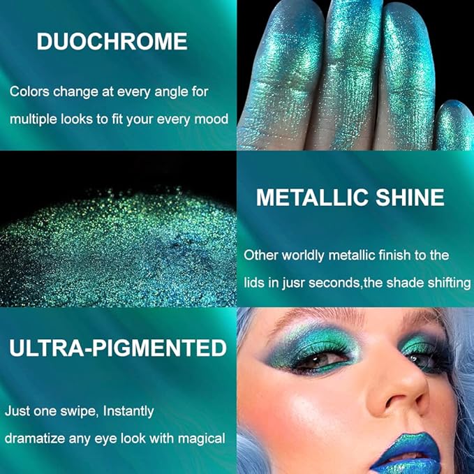 Afflano Single Green Eyeshadow - Shimmery, Highly Pigmented Multichrome, Color Changing Forest Green Glitter, Holographic Chrome Eye Shadow