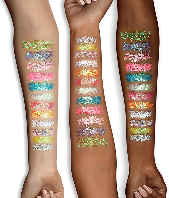 12 Colors Body Glitter Gel Kit, Super Long Lasting Holographic Chunky Glitter Gel Festival Party Makeup for Face, Body, Hair, Nail Art, Eyeshadow, 3Pcs Sponge Makeup Brush Include (Set C)
