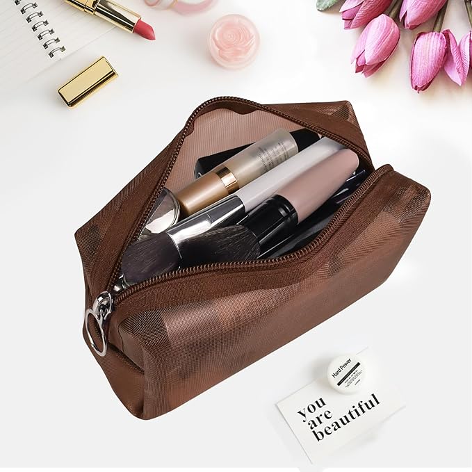 Aosbos 3-Pack Mesh Cosmetic Bag Set - Travel/On-The-Go Makeup Storage, Zipper Closure Small Pouch