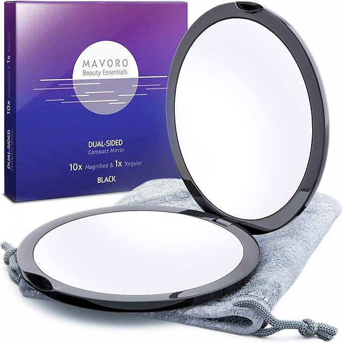 Magnifying Compact Mirror for Purses, 1x/10x Magnification – Double Sided Travel Makeup Mirror, 4 Inch Small Pocket or Purse Mirror. Distortion Free Folding Portable Compact Mirrors (Black)