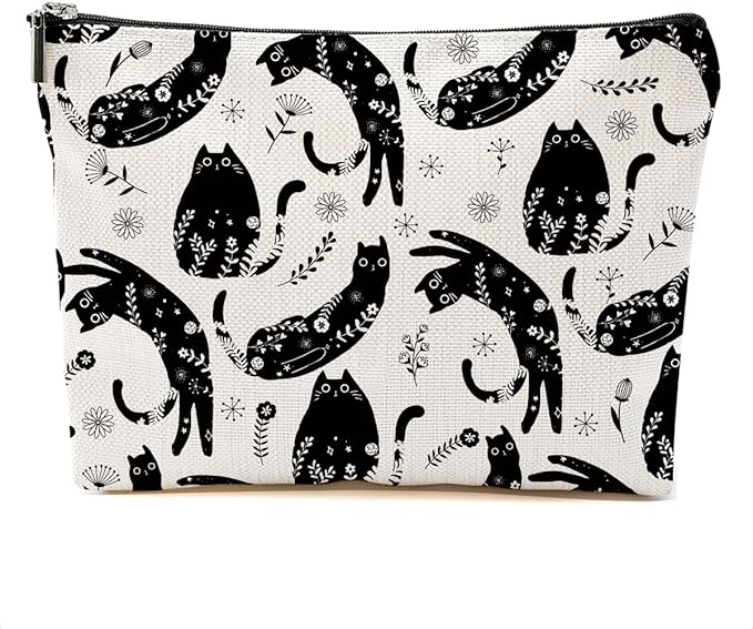 Botanical Cat Makeup Bag Cat Gifts Cosmetic Bag Cat Lover Gifts for Women Girls Friends Wife Cat Themed Gifts Cat Stuff Travel Organizer Zipper Pouch Graduation Birthday Friendship Gifts