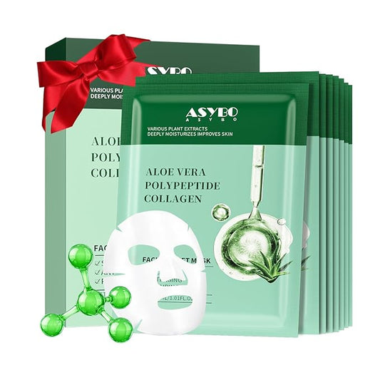 Pack of 10 Collagen Face Mask, Aloe Vera Polypeptide Collagen Facial Masks Skincare, Moisturizing Facial Sheet Mask for Acne, After Sun, Claming, Anti-Aging and Anti-Wrinkle