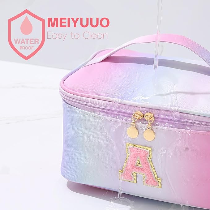 Meiyuuo Cute Makeup Bag for Girls Personalized Cosmetic Bags for Teens Monogrammed Travel Pro Pouch Toiletry Bag for Women Bridal Shower Birthday Gifts for Her Preppy Gradient Pink Initial A