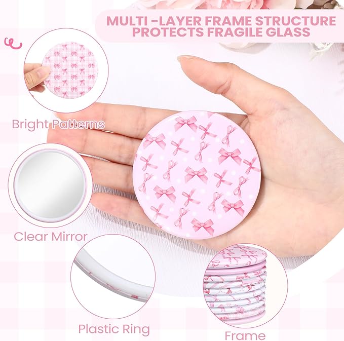 20 Pcs Pink Bow Coquette Compact Mirrors Bulk 2.76 Inch Round Portable Pocket Makeup Mirror Party Favors Gifts for Women Mother Bridal Shower Bachelorette Quinceanera Party Decor