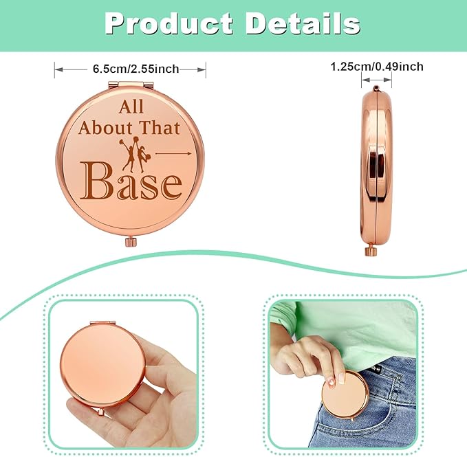 Mwphuy Cheerleading Gift Compact Makeup Mirror, Rose Gold, 2.6"L x 2.6"W, Magnifying, Dual Sided, Round, Frameless, All About That Base, Christmas Theme