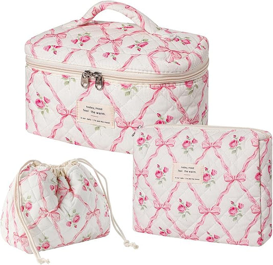 3pcs Large Cotton Quilted Makeup Bag Set,Coquette Aesthetic Cute Travel Toiletry Bag,Drawstring Gift Bag for Women and Girls(3Pcs Pink Bow)