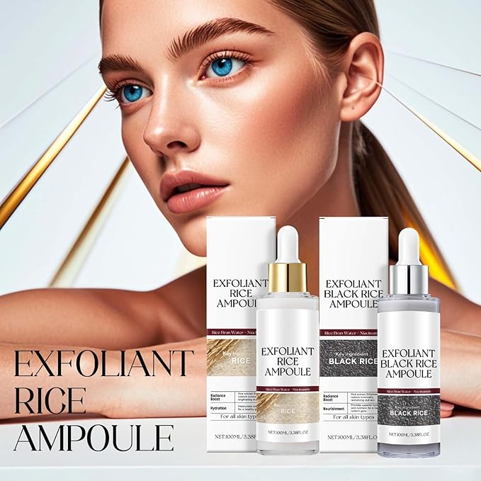 2PCS Rice Exfoliating Ampoule Set - Black & White Rice for Brightening & Glowing Skin, Minimizing Pores, Deep Hydration Treatment