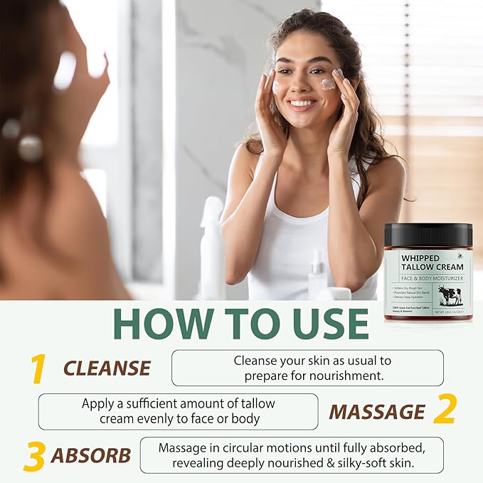 Beef Tallow for Skin, 100% Tallow and Honey Balm, Beef Tallow Moisturizer for Face, Deeply Moisturizing for Face & Body, Unscented Fast Absorption-4.2 Oz