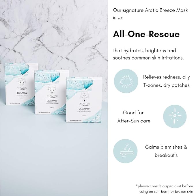 Snow Fox Skincare - Arctic Breeze Rescue Mask - Peppermint Oil, Aloe Vera, Seaweed Extract | Hydrating, Soothing Skin Redness & Irritation | Post-Sun Recovery | Premium Organic Cotton - 5 Pack