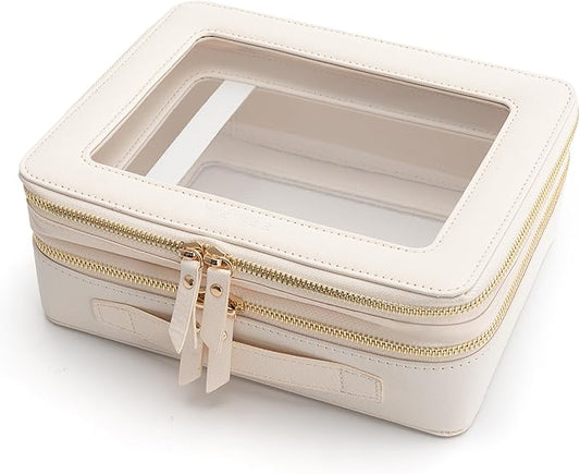 Aveniee Clear Makeup Bags, Double Layer Cosmetic Case with Separate Brush Compartment, Large Toiletry Organizer for Women, Travel Accessories Holder(2 Layers Large, White)