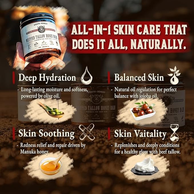 Wrath & Remedy Handmade Whipped Organic Beef Tallow for Skin - 4 OZ (3-Pack) — Grass Fed Beef Tallow Moisturizer and Honey Balm for Silky, Sensitive-Skin, Eczema, Rosacea - Free of Harsh Chemicals