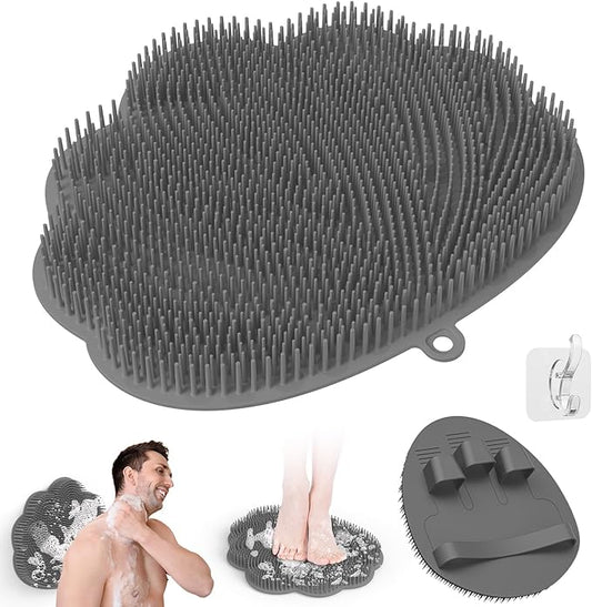 Manmihealth Upgrade Shower Foot Massager Scrubber & Bath Glove Set(2 PCS), Hands-Free Back Scrubber for Shower, Wall-Mounted Shower Brush with Body & Face Scrubber and Free Adhesive Hook. (Gray)