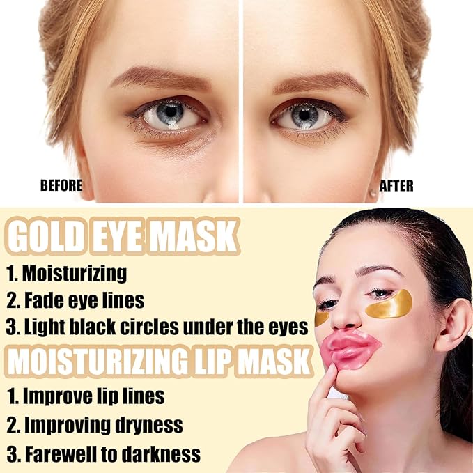 30 Pairs Lip Mask & Under Eye Mask, 24K Crystal Collagen Under Eye Patches for Puffy Eyes, Reducing Fine Lines & Dark Circle, Collagen Lip Mask Sheet Effectively Nourishes the Lip & Eye Skin