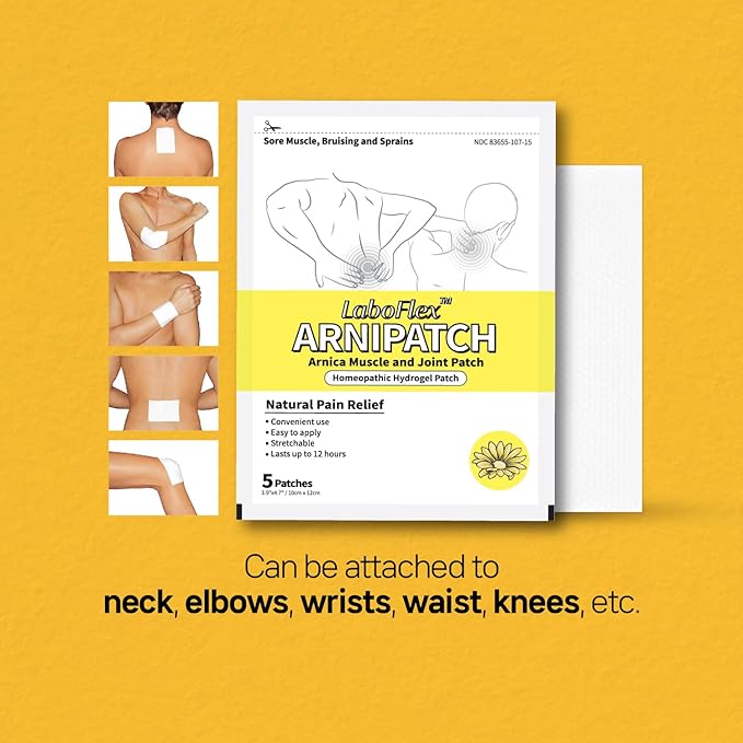 Arnica Hydrogel Pain Relief Patches | Natural Relief for Muscle, Joint, Bruises & Swelling | Flexible, Non-Greasy & Long-Lasting | Great for Back, Knee & Neck Pain (3.9"x4.7", 5, Count)