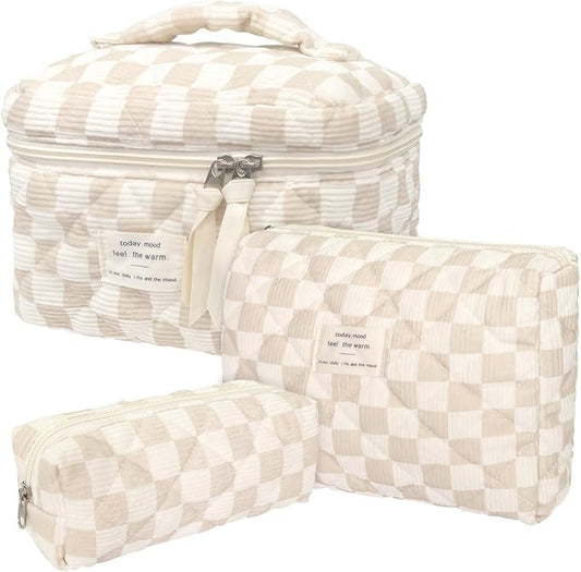 3 Piece Brown Checkered Corduroy Quilted Makeup Bag Set, Large Capacity Travel Makeup Bags for Women and Girls, Includes Small, Medium, and Large aesthetic makeup&Cosmetic Bags (3pcs-BrownCheckered)