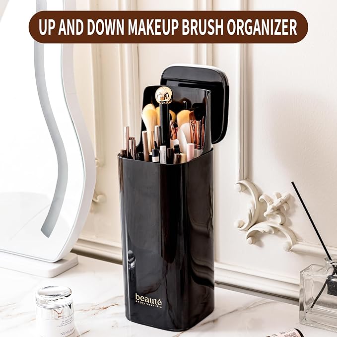 Makeup Brush Holder with Lid Cosmetic Tools Organizer（Black）