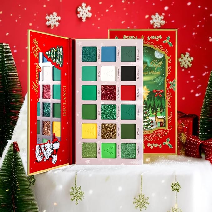 Afflano Green Eyeshadow Palette - Multichrome Red, Forest Green Glitter, White, Black, Blue Grinch St. Patrick's Day Makeup Gift