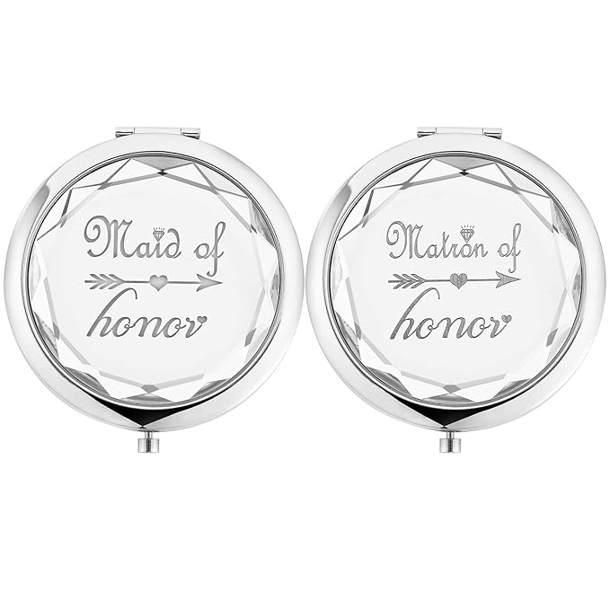 2 Pack Bridesmaid Proposal Gifts,1 Maid of Honor mirror 1 Matron of Honor mirror,Crystal Pocket Compact Makeup Mirror Wedding Bridesmaid Gifts Bachelorette Party Gifts for Bride (silver)