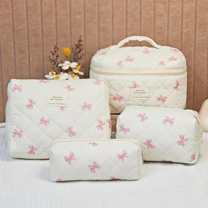 4 Piece Cute Pink Bow Quilted Makeup Bag Set, Large Capacity Travel Makeup Bags for Women and Girls, Includes Small, Small-Medium，Medium, and Large aesthetic makeup&Cosmetic Bags (4PCS-Pink Bow)