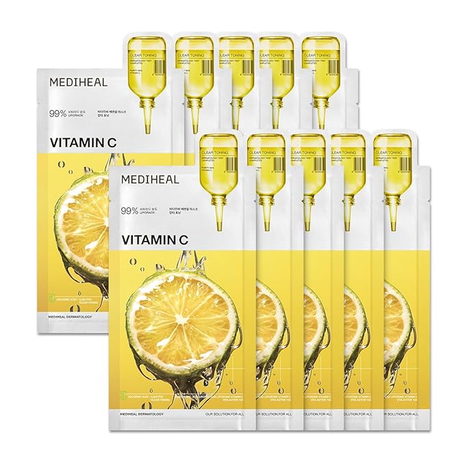 Mediheal Vitamin C Essential Sheet Mask Clear Toning 10 pcs. 99% Pure Vitamin C & 10 Vita Actives for hydration, blemish. Vegan formula.