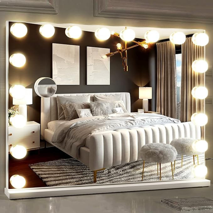 M MIVONDA Hollywood Vanity Mirror with 18 Bulbs Lights, Large Lighted Makeup Mirror for Desk and Wall, Dimmable 3 Lighting Modes, Plug-in & USB Charger Port, White