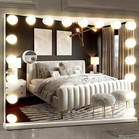 M MIVONDA Hollywood Vanity Mirror with 18 Bulbs Lights, Large Lighted Makeup Mirror for Desk and Wall, Dimmable 3 Lighting Modes, Plug-in & USB Charger Port, White