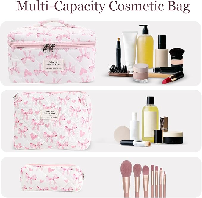3Pcs Cotton Quilted Makeup Bag Set,Large Floral Cosmetic Bag，Aesthetic Toiletry Travel Makeup Bag Set and Cute Flower Bag for Women Girls (Love Bow)