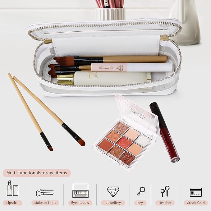 Makeup Brush Case Clear Travel Cosmetic & Toiletry Bag Slim Makeup Bag with Zipper Small Purse Organizer Car Essential Bag for Women (White, SLIM-1)