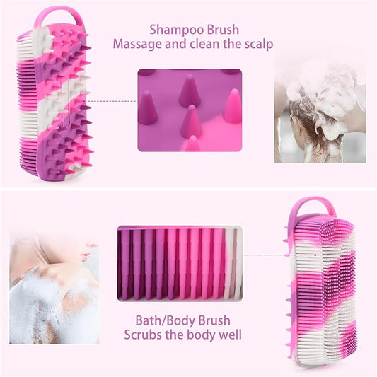 2 Pack Silicone Exfoliating Body Scrubber, 2 in 1 Body Brush & Hair Scalp Brush for Shower and Bath, Soft Silicone Loofah, Easy to Clean with Optimal Lathering (Black, Purple)