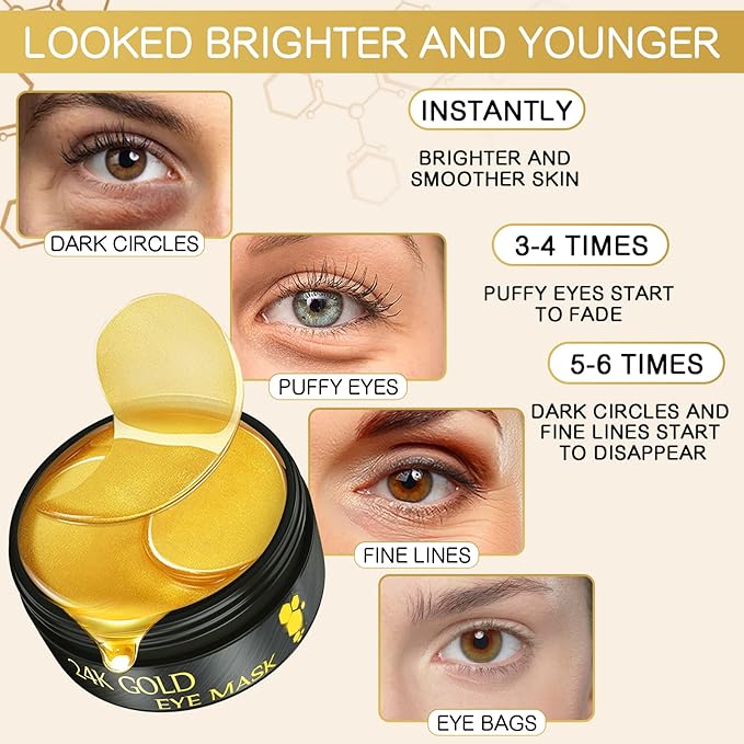 24K Gold Under Eye Mask Patches for Puffy Eyes and Dark Circles, Hydrating, Anti Wrinkles, 60 pcs
