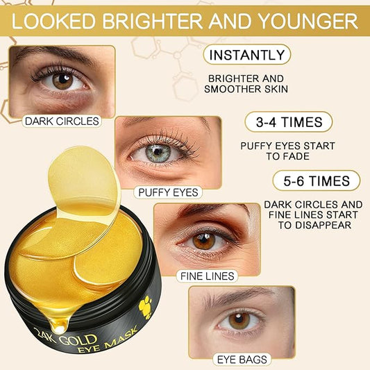 24K Gold Under Eye Mask Patches for Puffy Eyes and Dark Circles, Hydrating, Anti Wrinkles, 60 pcs