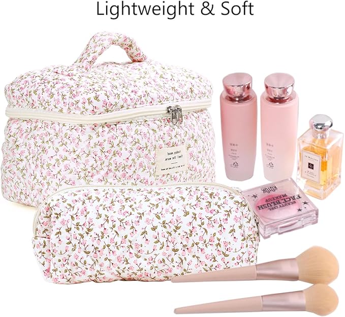 3PCS Makeup Bag Large Cosmetic Pouch Bag with Handle Cute Floral Small Makeup Bag for Purse, Quilted Cotton Skincare Storage Bag Travel Makeup Bag Set for Women, Bridesmaids, Gifts, Pink