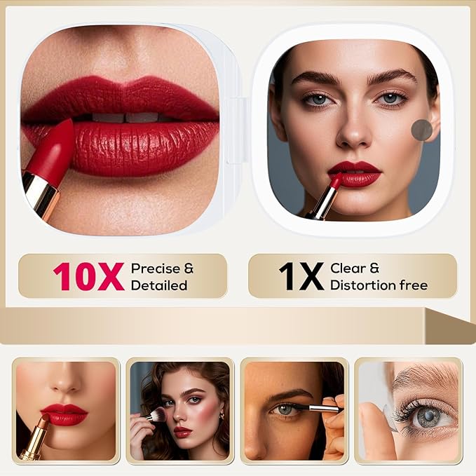 Adjustable Brightness Compact Mirror, Lighted Travel Mirror with 1X/10X Magnifying,Double Sided,Mini Dimmable Portable for Handbag and Pocket, USB C Charging,for Girls Women(with USB Cable)