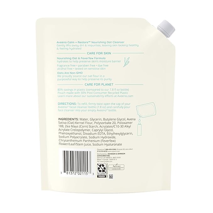 Aveeno Calm + Restore Nourishing Oat Facial Cleanser for Sensitive Skin, Gentle Face Wash with Nourishing Oat & Calming Feverfew, Hypoallergenic, Fragrance-Free, Refill Pouch, 16 fl. oz